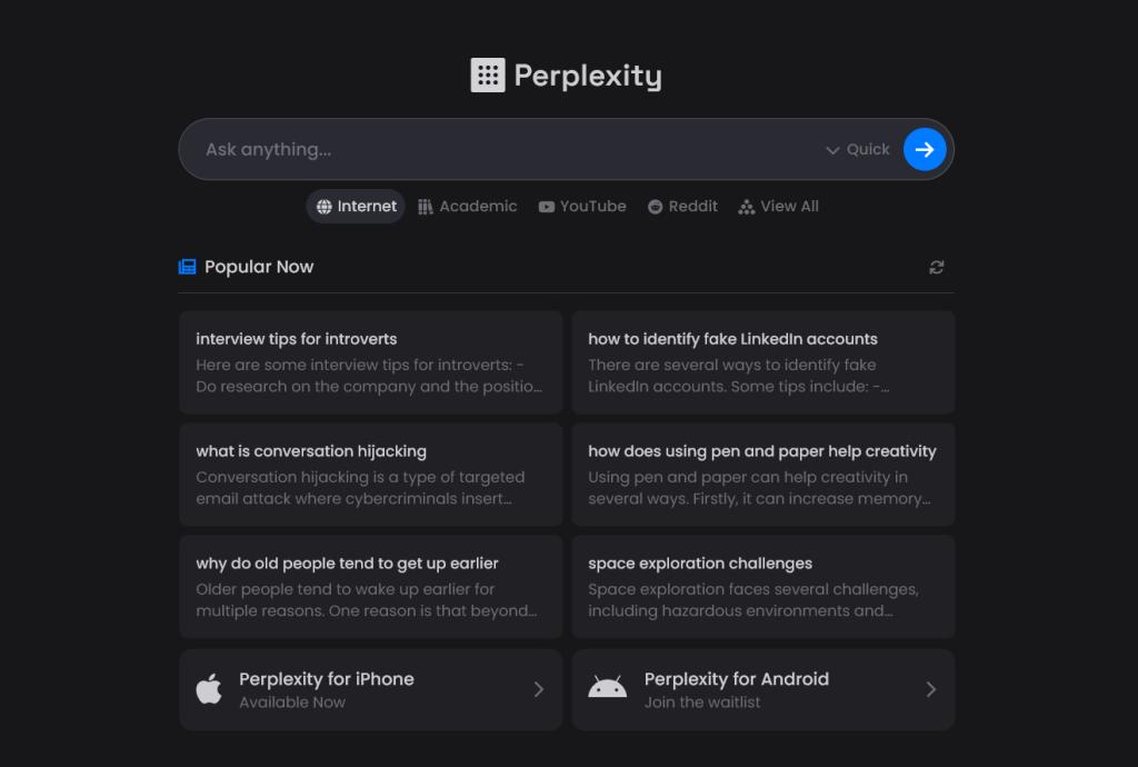 Perplexity AI interface — AI search engine with citations